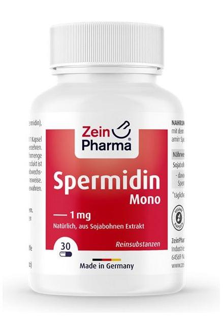 Zein Pharma Spermidin Mono supplement bottle, 1 mg per capsule, vegan and gluten-free, made in Germany.