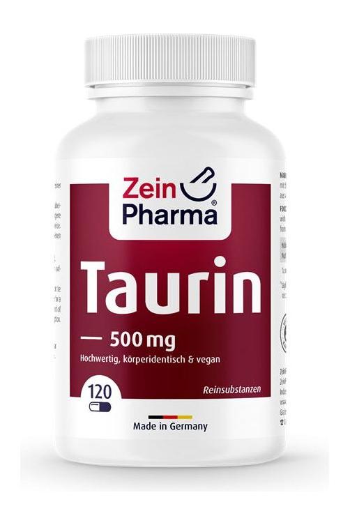 Zein Pharma Taurine 500 mg capsules in a bottle, vegan and body-friendly, contains 120 capsules.