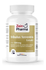 Zein Pharma Tribulus Terrestris Extract 500mg, 120 capsules, high-quality dietary supplement in a white bottle.