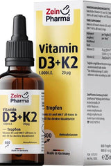 Zein Pharma Vitamin D3 + K2 drops in brown glass bottle for healthy bones and high bioavailability.