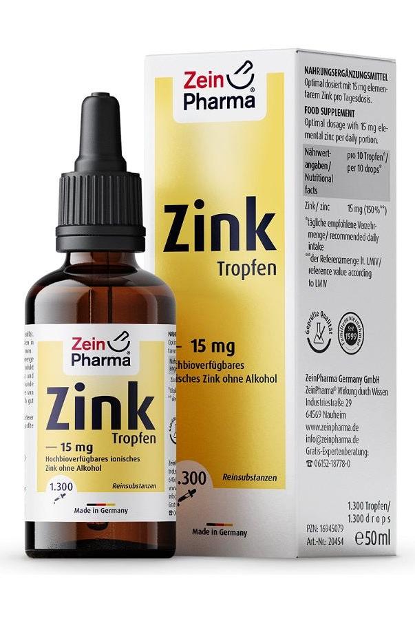Zein Pharma Zinc Drops 15mg bottle with packaging for immune support and antioxidant protection.