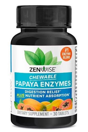 Zenwise Chewable Papaya Enzymes bottle with 30 tablets for digestion relief and nutrient absorption.