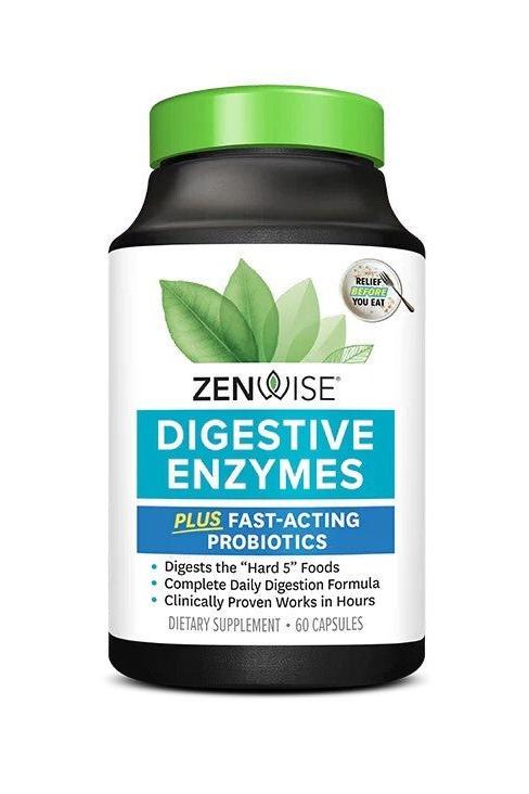 Zenwise Digestive Enzymes supplement bottle with probiotics for gut health relief and digestion support.