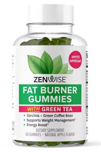 Zenwise Fat Burner Gummies with green tea in a clear bottle, designed for weight management and energy boost.