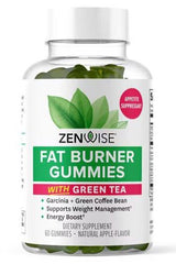 Zenwise Fat Burner Gummies with green tea in a clear bottle, designed for weight management and energy boost.