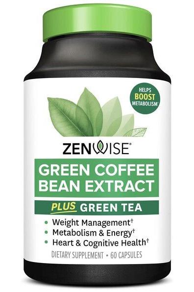 Zenwise Green Coffee Bean Extract supplement bottle with green tea for weight management and cognitive health.