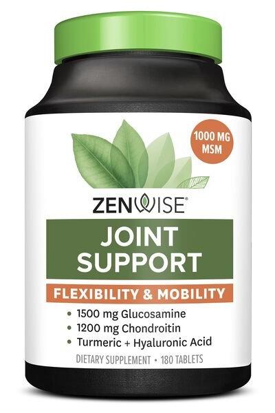 Zenwise Joint Support supplement bottle with 180 tablets for flexibility and mobility, containing glucosamine and chondroitin.