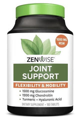 Zenwise Joint Support supplement bottle with 180 tablets for flexibility and mobility, containing glucosamine and chondroitin.