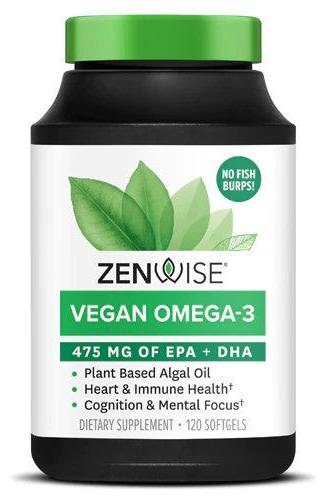 Zenwise Vegan Omega-3 supplement bottle with 475mg EPA+DHA, plant-based, supports heart, immunity, cognition, and mental focus.