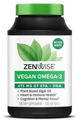 Zenwise Vegan Omega-3 supplement bottle with 475mg EPA+DHA, plant-based, supports heart, immunity, cognition, and mental focus.
