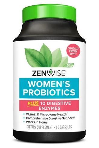 Zenwise Women's Probiotics supplement bottle with 60 capsules, promoting digestive and vaginal health.