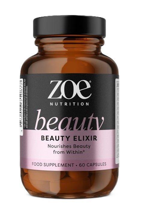 ZOE Nutrition Beauty Elixir bottle, 60 capsules for skin, hair, and nail support with essential vitamins and extracts.