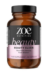 ZOE Nutrition Beauty Elixir bottle, 60 capsules for skin, hair, and nail support with essential vitamins and extracts.