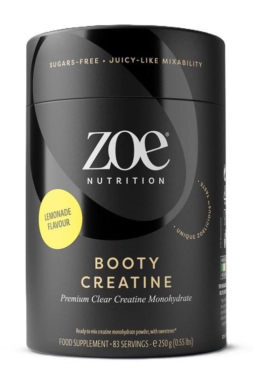 Zoe Nutrition Booty Creatine tub in lemonade flavor, 250g, promoting strength and endurance, gluten-free.