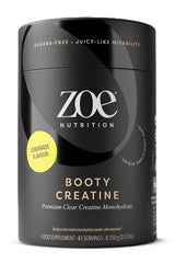 Zoe Nutrition Booty Creatine tub in lemonade flavor, 250g, promoting strength and endurance, gluten-free.