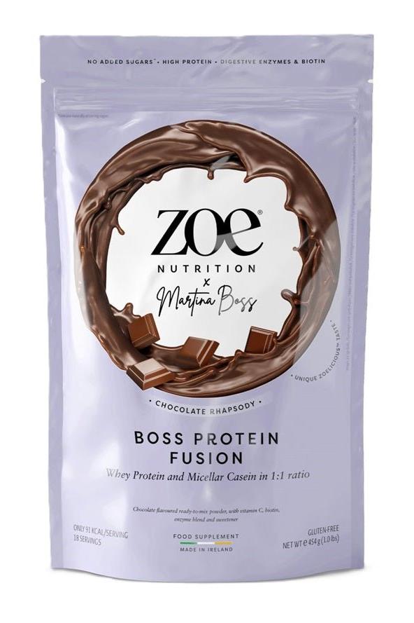 ZOE Nutrition Boss Protein Fusion protein supplement in chocolate flavor, featuring a blend of whey and micellar casein.