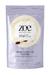 ZOE Nutrition Boss Protein Fusion protein powder bag in Heavenly Vanilla flavor with a 1:1 whey to casein ratio.
