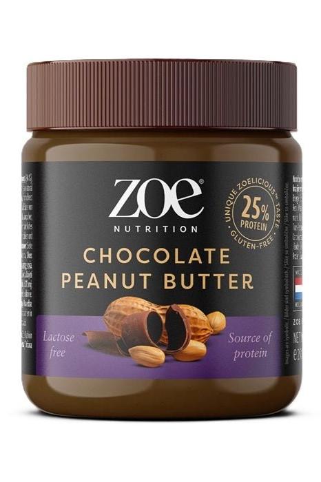 ZOE Nutrition Chocolate Peanut Butter 250g jar with high protein, gluten-free label and natural ingredients.