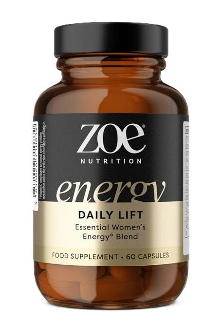 ZOE Nutrition Daily Lift energy supplement in bottle, 60 capsules for women's health and vitality.