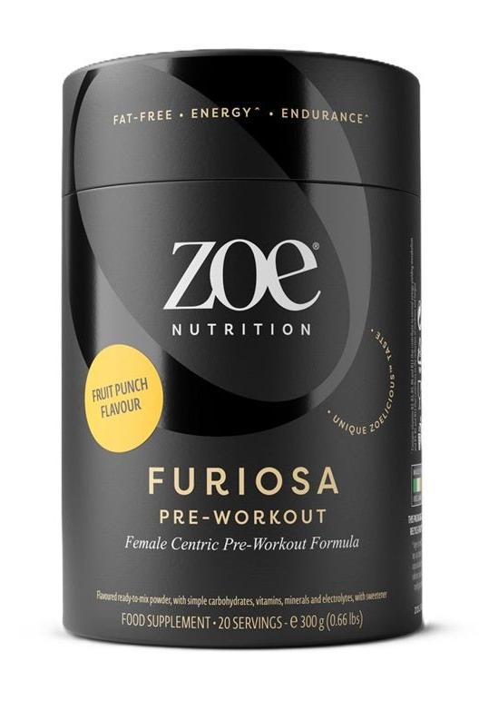 ZOE Nutrition Furiosa Pre-Workout in fruit punch flavor, 300g container for enhanced energy and endurance.