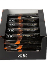 ZOE Nutrition protein bars with collagen in a black box, displaying high protein content and unique flavor.