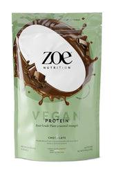 ZOE Nutrition Vegan Protein powder packaging in chocolate flavor, highlighting plant-based nutrition and gluten-free benefits.
