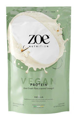 ZOE Nutrition Vegan Protein powder bag in vanilla flavor, showcasing plant-based strength and low-calorie benefits.