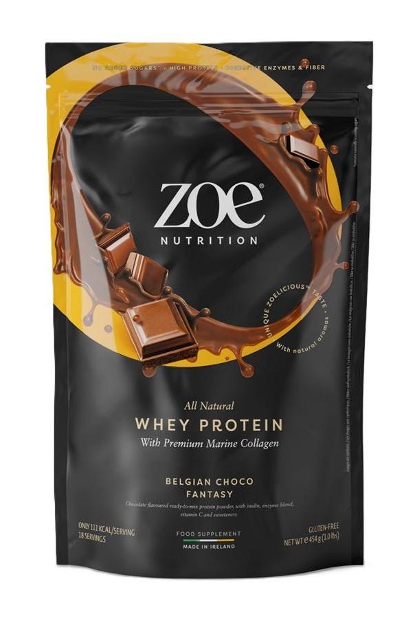 ZOE Nutrition Whey Protein with Marine Collagen, Belgian Choco flavor, gluten-free protein supplement packaging.