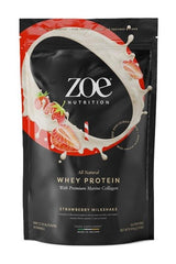 ZOE Nutrition Whey Protein with Premium Marine Collagen Strawberry Milkshake flavor packaging