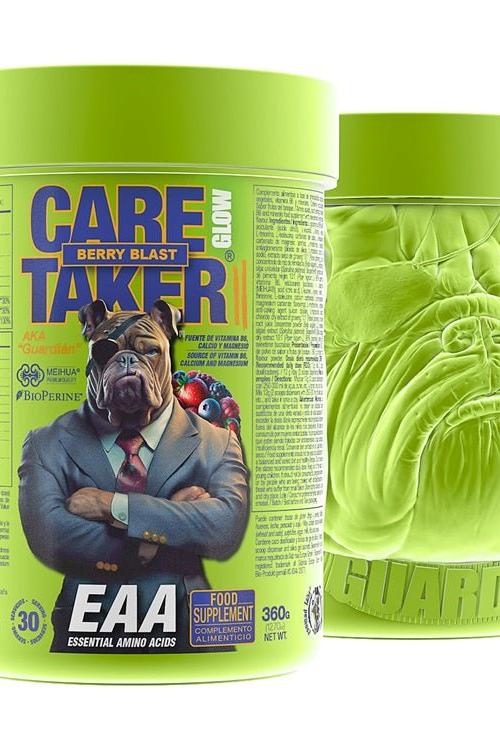 Zoomad Labs Caretaker II EAA Glow Berry Blast supplement container with unique design and essential amino acids.