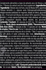 Supplement facts and instructions for Tribulus and zinc dietary supplement in Spanish.