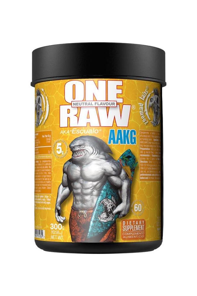 One Raw® AAKG supplement container, featuring a muscular shark design and labeled as a nitric oxide booster.