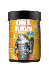 One Raw® AAKG supplement container, featuring a muscular shark design and labeled as a nitric oxide booster.