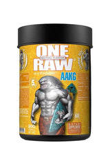 One Raw® AAKG supplement container, featuring a muscular shark design and labeled as a nitric oxide booster.