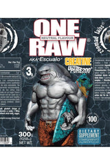 One Raw® Creatine packaging featuring a muscular figure, emphasizing energy performance, recovery, and vegan suitability.