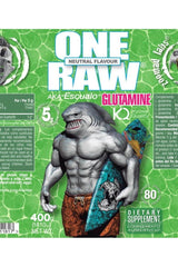 Zoomad Labs One Raw Glutamine packaging with shark mascot, promoting muscle recovery and immune support.