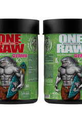 Zoomad Labs One Raw® Glutamine tubs in Cherry Bomb and Neutral flavors, dietary supplement for muscle recovery.