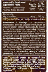 Nutritional information label for Zoomad Labs Raw One Caffeine Anhydrous showing caffeine content and usage warnings.