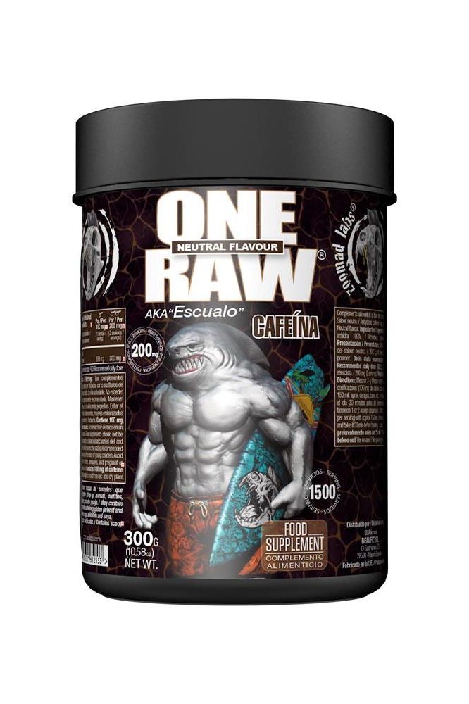 Zoomad Labs One Raw Caffeine Anhydrous 300g supplement container with shark graphic and neutral flavor label.