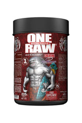 Zoomad Labs Raw One Kre-Alkalyn Creatine Monohydrate 225 g container with muscular shark illustration.