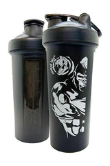 Zoomad Labs Shaker Mod Moons Truck, black shaker bottle with measurement markings and muscle graphic design.