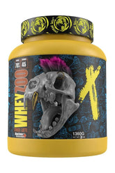 Zoomad Labs WHEYZOO protein powder tub with skull design and vibrant colors, 45 servings of high biological value.