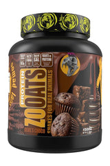 Zoomad Labs Zooats Chocolate protein supplement in a 1500g jar with delicious chocolate snacks.
