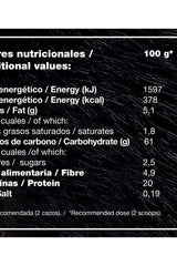 Nutritional values chart for Zoomad Labs Zoomass protein isolate, detailing energy, fat, carbohydrates, fiber, and protein per 100g.