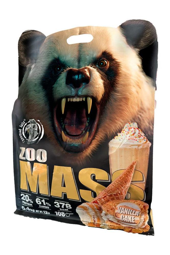 Zoo Mass protein powder packaging featuring a fierce panda and vanilla cake flavored shake design.