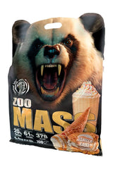 Zoo Mass protein powder packaging featuring a fierce panda and vanilla cake flavored shake design.