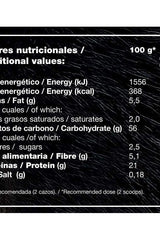 Nutritional values for Zoomad Labs Zoomass protein isolate, including energy, fat, carbohydrates, fiber, and protein content per 100g.