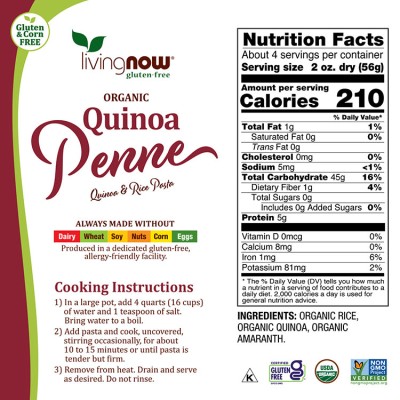 Now Foods - Quinoa Penne Pasta, Organic - 227 g