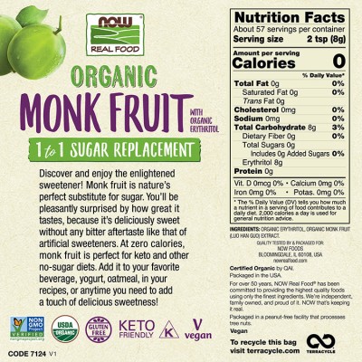 Now Foods - Monk Fruit with Erythritol, Organic Powder - 454 g