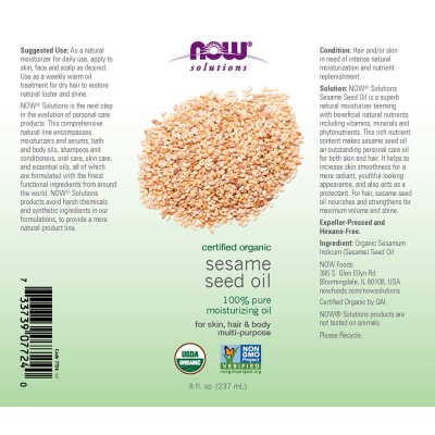 Now Foods - Sesame Seed Oil, Organic - 237 ml